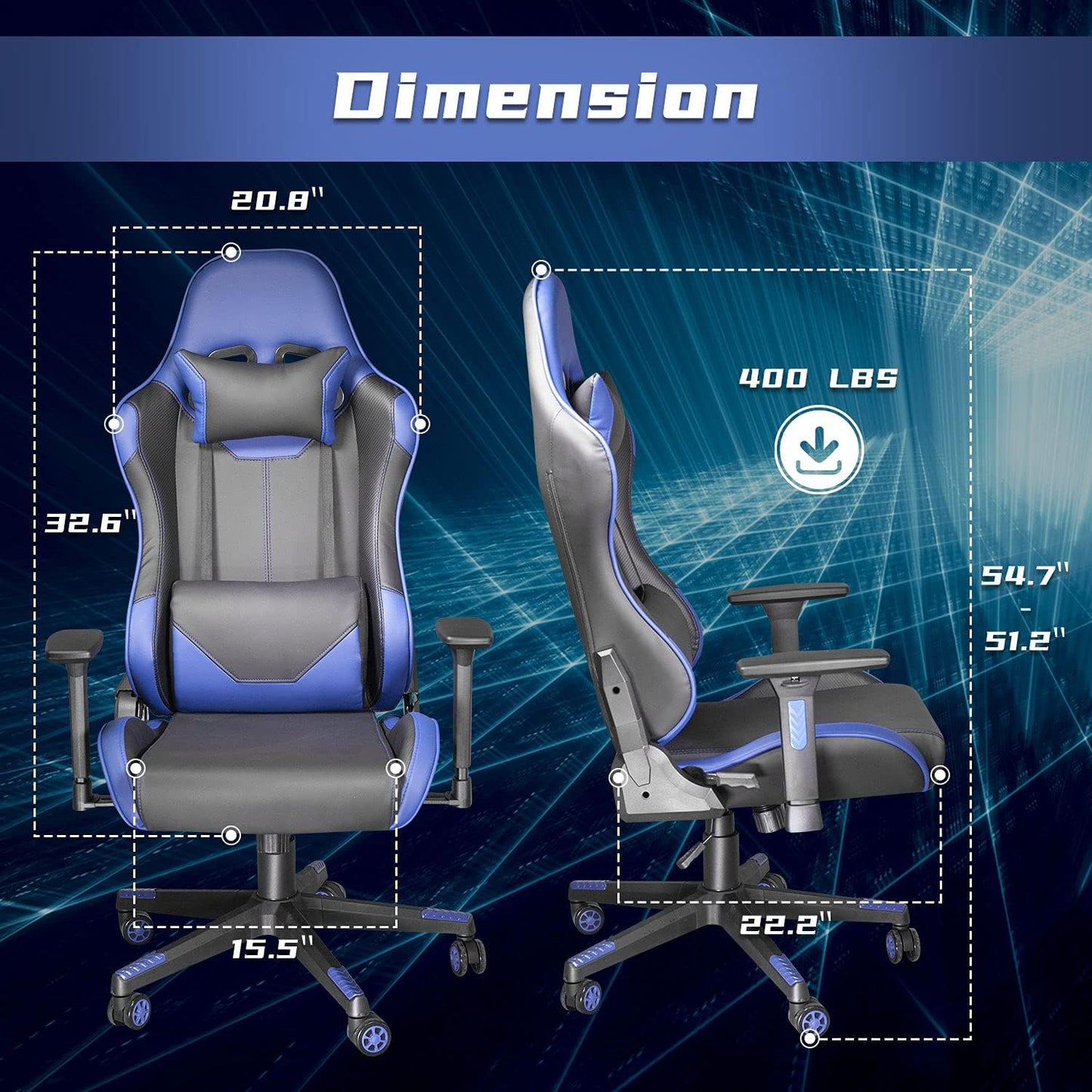 Ergonomic Gaming Chair Computer Chair for Adults or Teens with Adjustable Armrest, Comfortable High Back Office Chair Desk Chair 400LBS, Video Game Chairs Recliner Racing Gamer Chair Blue