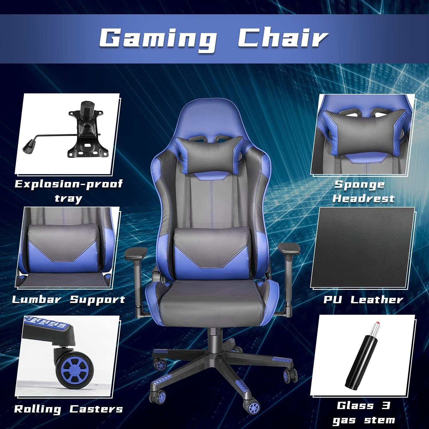 Ergonomic Gaming Chair Computer Chair for Adults or Teens with Adjustable Armrest, Comfortable High Back Office Chair Desk Chair 400LBS, Video Game Chairs Recliner Racing Gamer Chair Blue