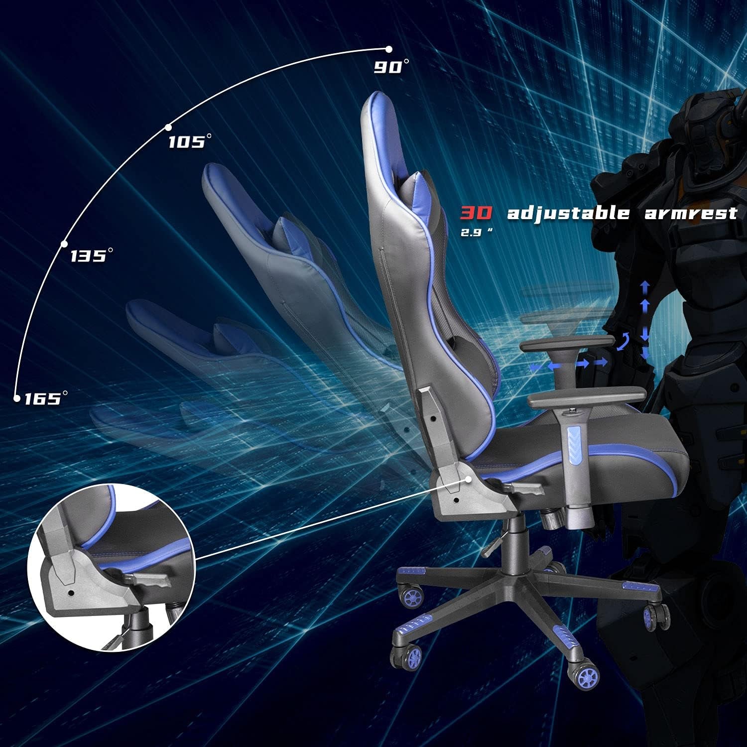 Ergonomic Gaming Chair Computer Chair for Adults or Teens with Adjustable Armrest, Comfortable High Back Office Chair Desk Chair 400LBS, Video Game Chairs Recliner Racing Gamer Chair Blue