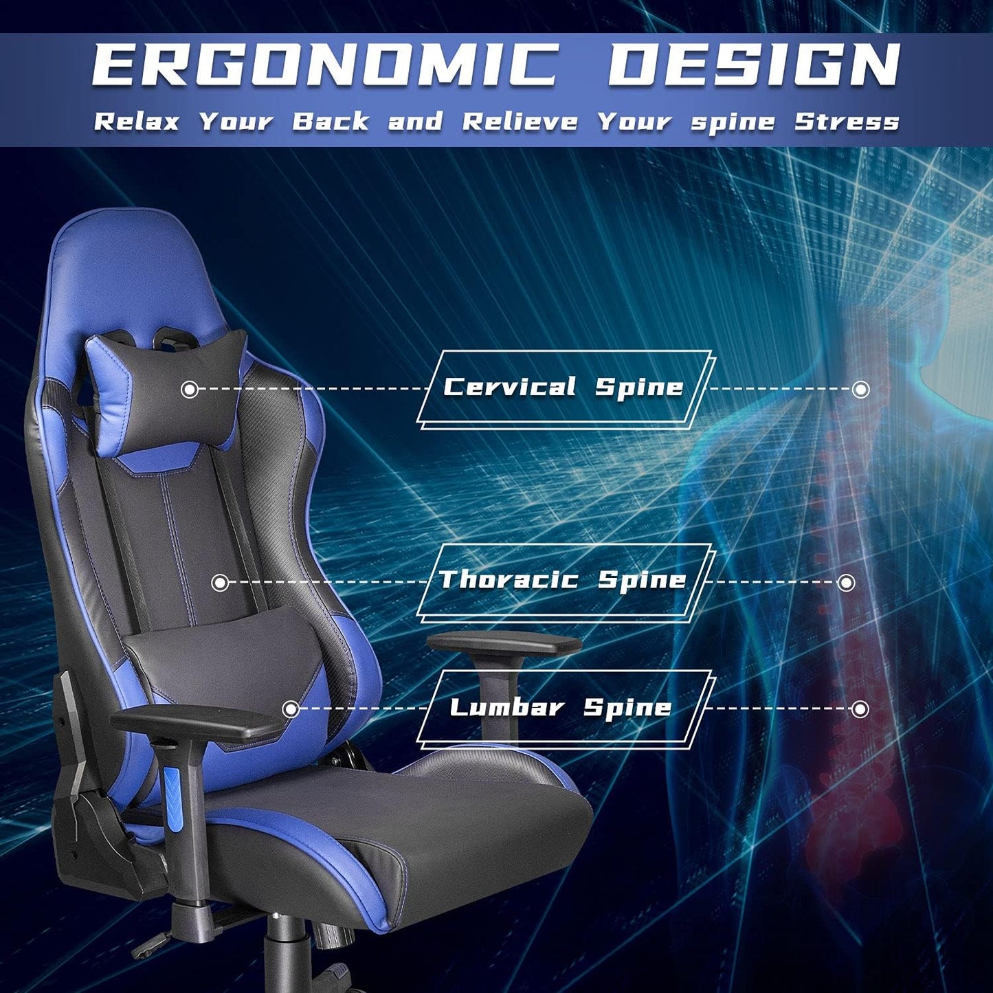 Ergonomic Gaming Chair Computer Chair for Adults or Teens with Adjustable Armrest, Comfortable High Back Office Chair Desk Chair 400LBS, Video Game Chairs Recliner Racing Gamer Chair Blue